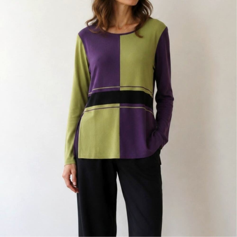 Vintage 90s Misook Colorblock Knit Tunic Top Purple Green Funky Retro Artsy- XS